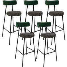Kit 05 Banquetas Alta Bar Cozinha Sala De Jantar Milão L02 Facto Verde Linho Chumbo - Lyam Decor