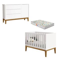 Berço Americano e Cômoda New Classic Branco com Pés Madeira e Colchão Gazin – Reller
