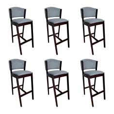 Kit 6 Banquetas Alta De Madeira Maciça Castanho Premium Ana Com Encosto Linho Cinza - Cor: Cinza