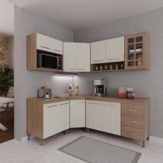 Armário de Cozinha Modulada Completa Fidelitá Paris 6 Peças 340cm 12 Portas 3 Gavetas Com Tampo Nogal/Salinas