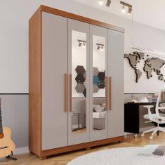 Guarda-roupa Solteiro 4 Portas 3 Gavetas com Espelho com Pés Roma Espresso Móveis Cinamomo/Off White