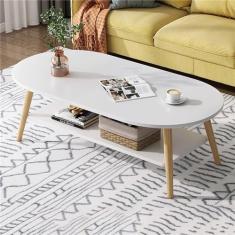 Mesa de centro oval, 2 camadas modernas, com prateleiras abertas para armazenamento e exibição, mesa de sofá de 2 níveis, móveis modernos pequenos para sala de estar e escritório em casa, cinza,