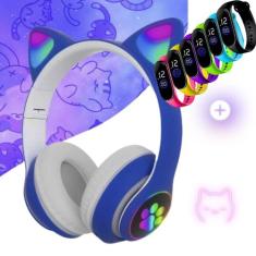 Fone Ouvido Headphone Orelha Gato Bluetooth Infantil e Pulseira Led - 