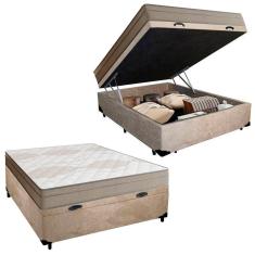 Cama Box Baú Casal Suede + Colchão De Molas Ensacadas Portobel Ipanema -  138x188x66cm Bege