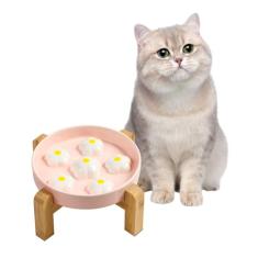 Tigela de alimentação lenta elevada para gatos - Tigela elevada para comida de gato com suporte de bambu antiderrapante - prato para gatos de alimentação lenta - prato colorido para gatos com