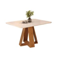 Mesa p/ Cozinha Celeste c/ Tampo Madeirado Vidro Curvo 120x90cm Freijó/Off White - DJ Móveis