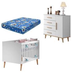Berço Americano e Cômoda Infantil Ludmila Branco Bétula com Colchão Ortobom – Carolina