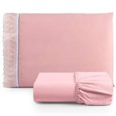 Jogo De Lençol Solteiro 2 Pçs Basic Percal 180 Fios Lese Bordado Inglês - Rosa