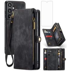 Asuwish Capa de celular para Samsung Galaxy A15 5G/4G Carteira com zíper magnética destacável com protetor de tela de vidro temperado alça transversal alça flip porta-cartão A 15 G5 15A mulheres