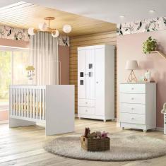 Quarto de Bebê Completo 100% MDF com Guarda Roupa 3 Portas, Cômoda e Berço Life Espresso Móveis Branco