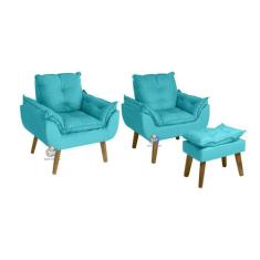 Kit 02 Poltrona/Cadeira Decorativa E Puff Glamour Opala Azul Turquesa