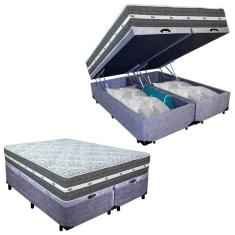 Cama Box Baú Casal Bipartido Suede + Colchão Anjos Black Graphite Molas Ensacadas 138x188x64cm Cinza