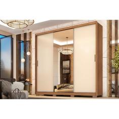 Guarda Roupa Casal 3 Portas de Correr (1 c/ Espelho) e 4 Gavetas c/ Pés Dalila Flex Amêndola/Amêndola ou Off white - Demóbile