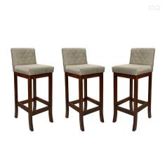 Kit 3 Banquetas Média com Encosto Matelassê Tóquio Madeira Maciça Suede Bege CCS