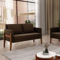 Sofá 2 Lugares Namoradeira Lana Suede Marrom Base de Madeira D03 - D'R