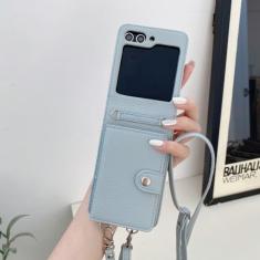 Carteira crossbody com porta-cartão capa de telefone para Samsung Galaxy Z Flip 5 4 3 Flip5 Flip4 Flip3 5G Capa de couro PU à prova de choque, azul cinza, para Galaxy Z Flip5