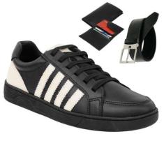 Kit Tenis Masculino Esporte Fino Leve Conforto  de Amarrar Cinto e Carteira-Masculino