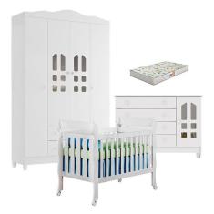 Quarto De Bebê New Selena 4 Portas Com Berço Lila E Cômoda Gran Selena Branco Brilho E Colchão Gazin – Carolina Móveis
