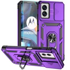 Capa para Moto G Power 5G 2024, capa de telefone de plástico rígido com amortecedor de borracha de silicone com [capa de lente de câmera deslizante] [anel giratório de 360°] [protetor de tela HD] para