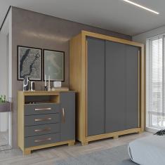 Kit Guarda Roupa Casal Dallas 3 Portas 2 Gavetas e Cômoda Aspen 1 Porta 4 Gavetas I01 Carvalho Grafite - Clique Chique Móveis