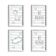 Quadros Girafa e Hipopótamo Azul Kit 4un Moldura Branca - Quartinhos