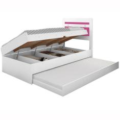 Cama Baú Solteiro Larissa Branco e Rosa com Aux. e Colchões - CASA H
