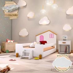 Cama Infantil Juvenil Belissima Rosa Branca e Amêndoa + Luminária Led 