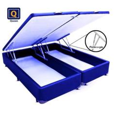 Cama Box Baú Queen size Bi partida azul com Pistão a gás - Acolchões
