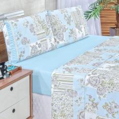 Jogo De Lençol Afrodite Queen 4 Pçs Algodão 180 Fios Estampa Floral - Azul