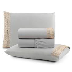 Jogo De Lençol Rubi Casal 4 Pçs 100% Algodão 200 Fios Ponto Palito Bordado - Cinza