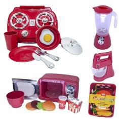 Cozinha Vermelho Brinquedo Kit Infantil Mercado Fogão 26Pç