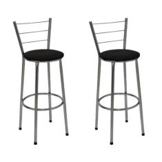 Kit 2 Banquetas Média Cromada Com Encosto Assento Preto - Fortmix