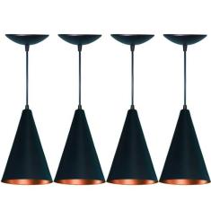 Kit 4 Lustres Pendente Cone em Alumínio  Preto Fosco e Cobre - Estillo