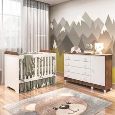 Quarto de Bebê Cômoda 4 Gavetas com Fraldário Taís Berço 3 em 1 Gabrielle Branco Amadeirado Carolina Baby