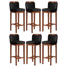 Kit 6 Banquetas Média Gourmet para Cozinha 38x92 Cm Líbia Madeira Maciça Suede Preto CCS