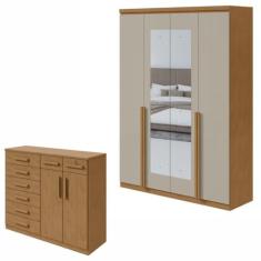 Conjunto de Guarda-roupa Alonzo 4 portas com espelho e Cômoda Toronto Amêndoa Clean/off White