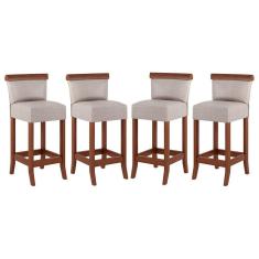 Kit 4 Banquetas Média Estofada Encosto Diamantina 36x90Cm Balcão Madeira Maciça Linho Bege M58 - RMI