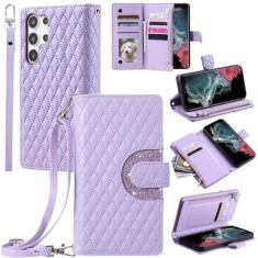 Furill Capa de telefone para Samsung Galaxy S24 Ultra 5G capa carteira com alça de pulso transversal alça de ombro 9+ compartimentos para cartões bolsa com zíper bolsa de couro suporte celular