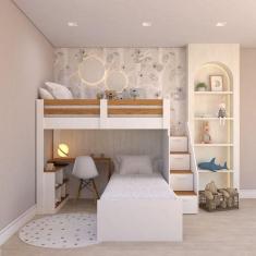 Beliche Star Office Infantil/ Juvenil Multifuncional com Escrivaninha Casatema Branco/Amadeirado Freijó