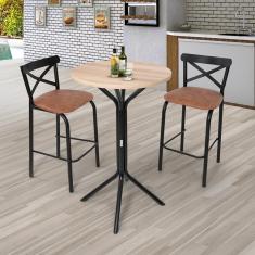 Conjunto Bistrô Tampo 0,65m Redondo com 2 Banquetas Tubo Paris Preto fosco / Caramelo