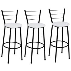 Kit 3 Banquetas Altas Preta com Encosto Assento Branco