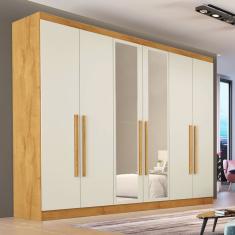 Guarda Roupa Casal Com Espelho 6 Portas 4 Gavetas Oslo-peroba-off White Made Marcs