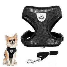 Coleira Peitoral Refletivo Com Guia Cachorro Cães Gato Pet (Preto)