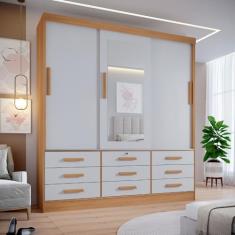 Guarda Roupa Casal 3 Portas com Espelho Central 9 Gavetas 100% Mdf Atlanta Cinamomo/off White