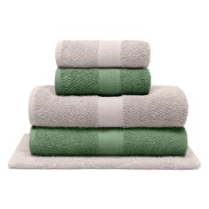 Jogo de Banho Bouton Natural Verde/Bege 5Pçs (2 Toalhas de Banho + 2 Toalhas de Rosto + 1 Piso)