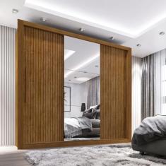 Guarda Roupa Casal 3 Portas e 4 Gavetas com Espelho Central Panamá - Sallêto  - Cinamomo Ripado