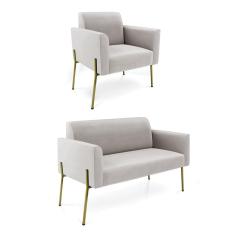 Sofá Namoradeira e Poltrona Pé de Ferro Dourado Salão Marisa Veludo Cinza D03 - D`Rossi