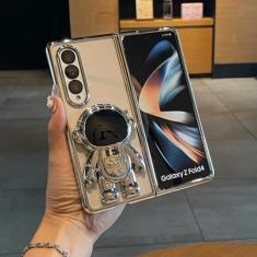 Capa de telefone transparente galvanizada de astronauta de luxo para Samsung Galaxy Z Fold 5 4 3 Fold5 Fold4 Fold3 5G Capa transparente com suporte, prata, para Z Fold 4