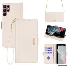Asuwish Capa de celular para Samsung Galaxy S22 Ultra 5G Capa carteira com protetor de tela de vidro temperado e alça de pulso com bloqueio de RFID flip suporte para cartão de crédito celular S22ultra