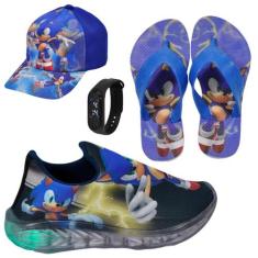 Tênis Infantil Led Luzinha Slip On Personagem +Chinelo+Boné+Relógio - 